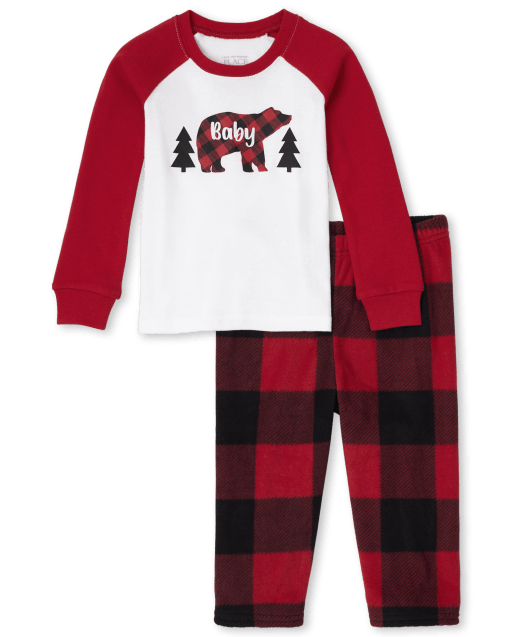 Pijama de algodón y forro polar unisex para bebés y niños pequeños a juego con oso de la familia a cuadros de búfalo