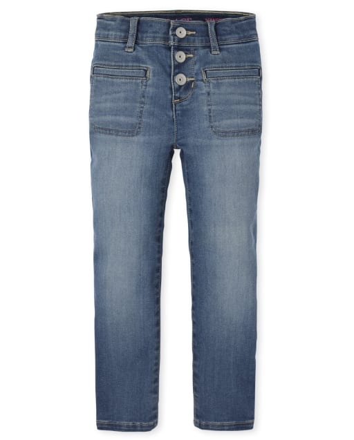 Girls Button Front Straight Jeans