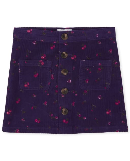 Girls Floral Button Corduroy Skirt