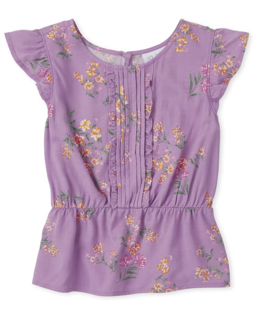 Girls Print Pintuck Ruffle Top