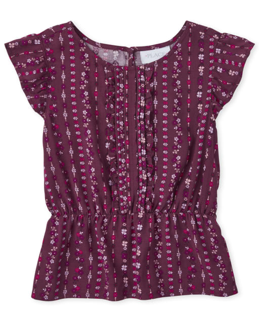 Girls Print Pintuck Ruffle Top