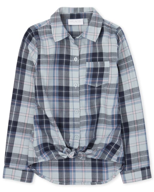 Girls Long Sleeve Plaid Twill Tie Front Button Down Shirt