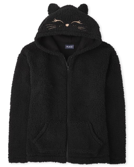 Sudadera con capucha y cremallera Sherpa de gato de Halloween para mamá y yo para mujer
