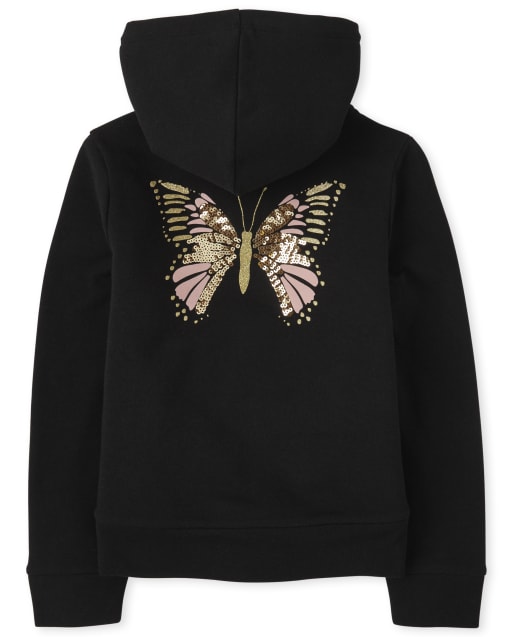 Girls Long Sleeve Butterfly Sherpa Lined Fleece Zip Up Hoodie