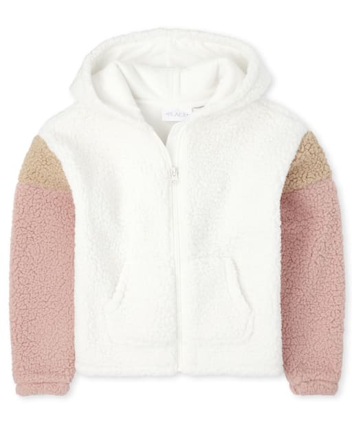 Sweat à capuche zippé en sherpa color block pour fille