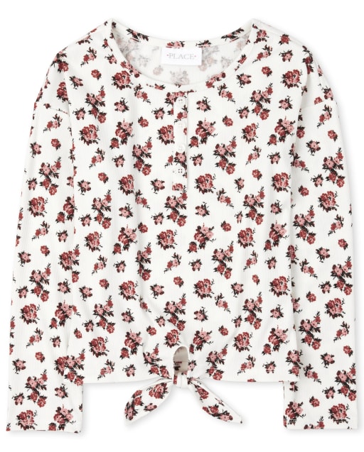 Top con cuello henley acanalado floral con lazo en el frente para niñas