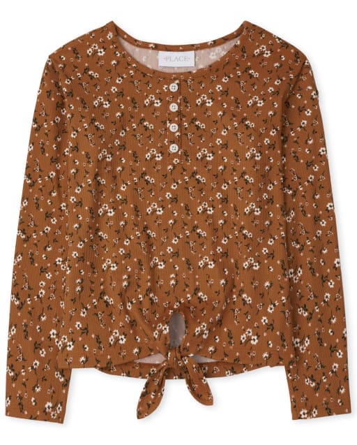 Girls Floral Ribbed Tie Front Henley Top