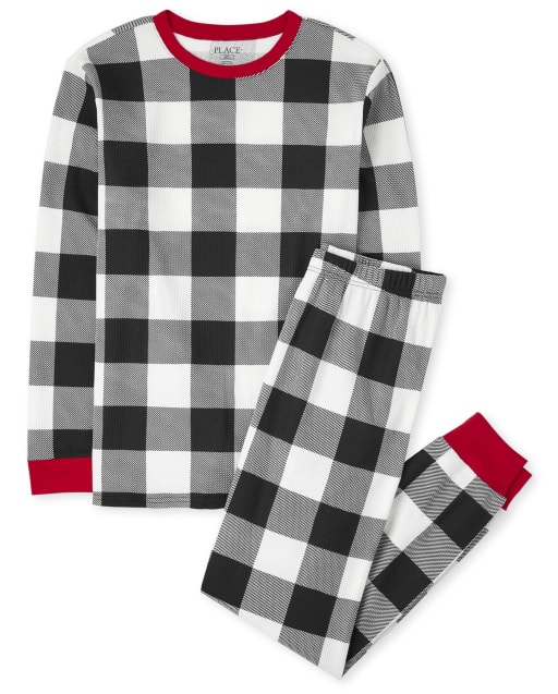 Unisex Adult Matching Family Christmas Long Sleeve Thermal Buffalo Plaid Cotton Pajamas