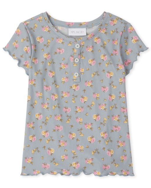 Girls Floral Ribbed Henley Top