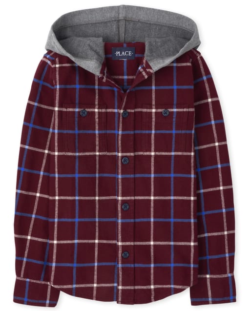 Boys Plaid Button Down Hooded Top