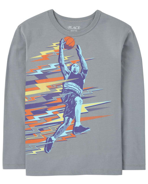 Temu Basketball Hoop and Planet Print Long Sleeve Half Turtleneck T Shirt, T-Shirts, Tees for Kids Boys, Casual Long Sleeve T-Shirt for Spring Fall