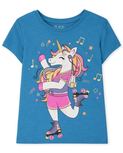 Camiseta de manga corta con gráfico de patinaje de unicornio para niñas