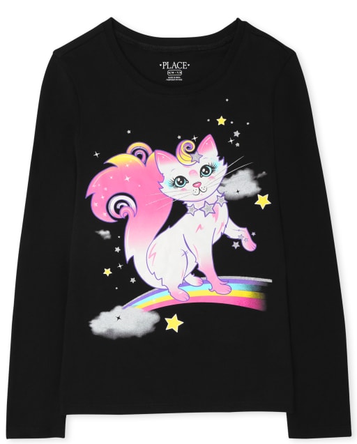 T-shirt graphique chat arc-en-ciel pour filles