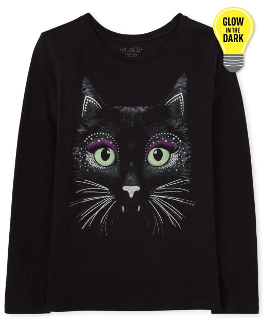 Camiseta de manga larga con gráfico de gato negro de Halloween que brilla en la oscuridad para niñas