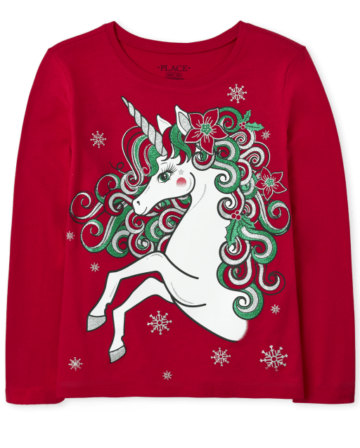 Girls Long Sleeve Christmas Unicorn Graphic Tee