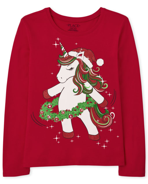 Girls Long Sleeve Christmas Unicorn Dance Graphic Tee