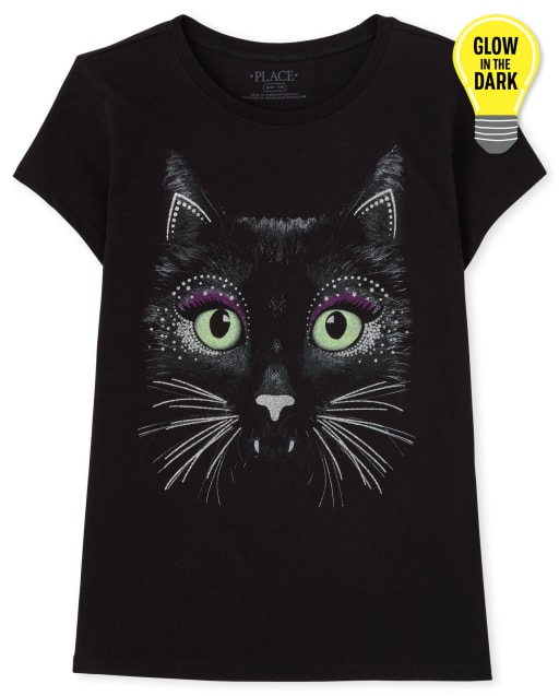 Camiseta de manga corta con gráfico de gato negro de Halloween que brilla en la oscuridad para niñas