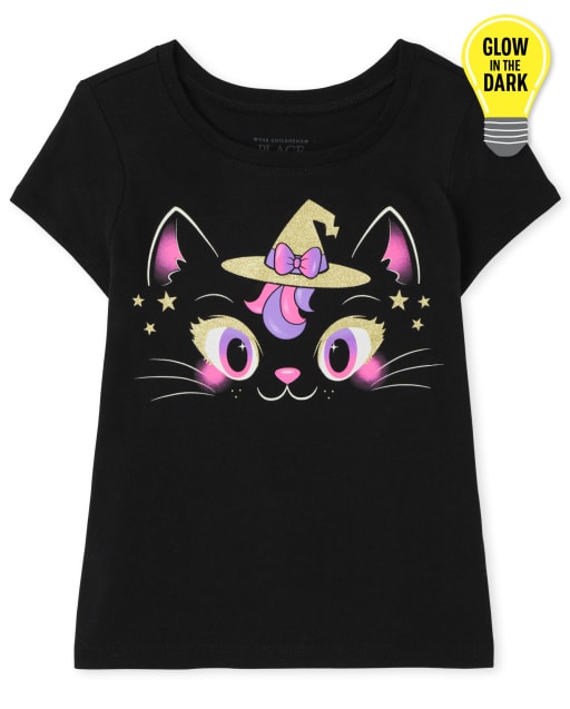 Camiseta con estampado de gato negro brillante para bebés y niñas pequeñas