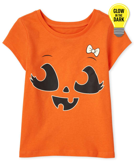 Baby and Toddler Girls Glow Pumpkin Bow Graphic Tee