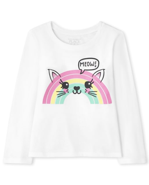 Baby and Toddler Girls Long Sleeve Rainbow Cat Graphic Tee