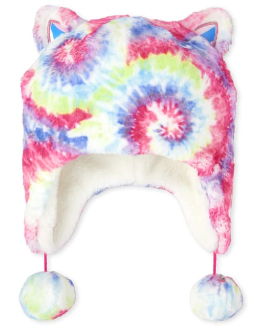 Girls Rainbow Tie Dye Faux Fur Cat Hat 