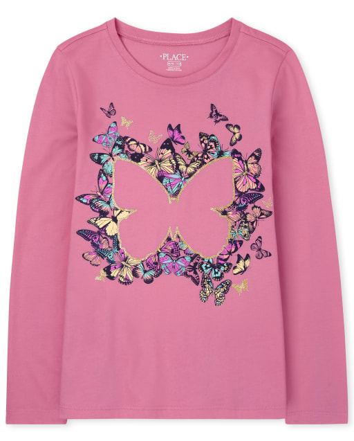 Girls Long Sleeve Butterfly Graphic Tee