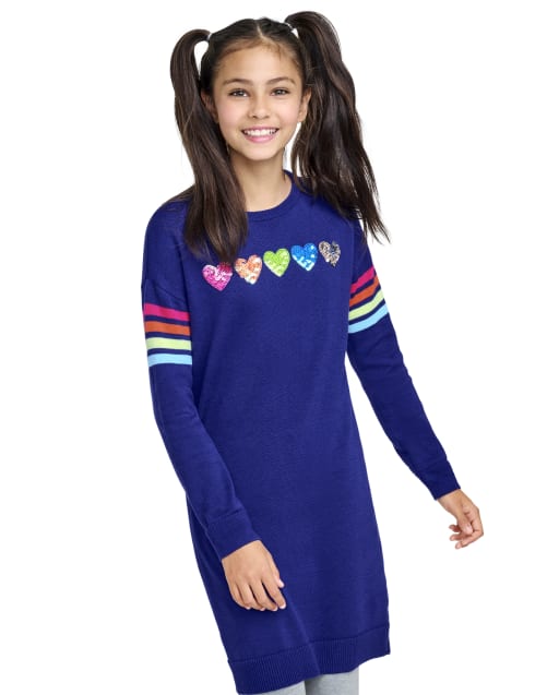 Girls Long Sleeve Rainbow Heart Knit Sweater Dress