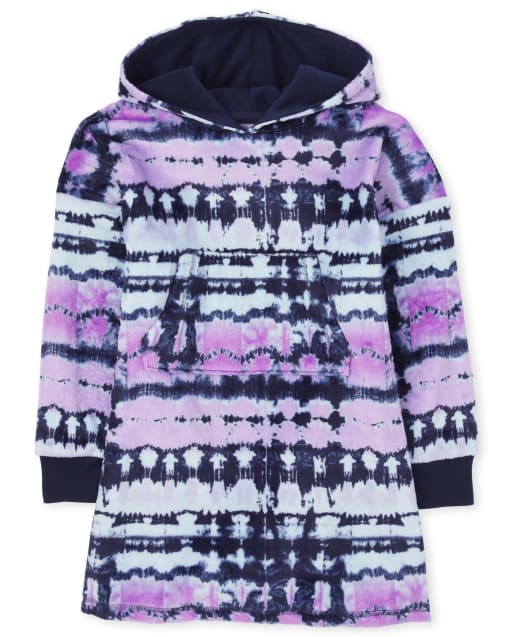 Chemise de nuit à capuche en polaire tie-dye pour fille
