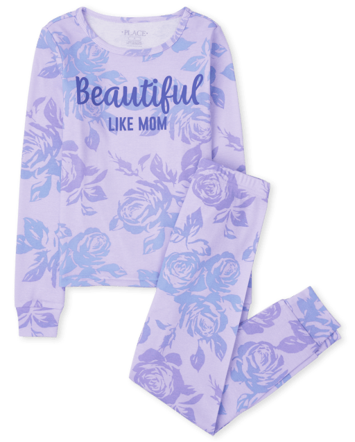 Girls Long Sleeve 'Beautiful Like Mom' Floral Print Snug Fit Cotton Pajamas
