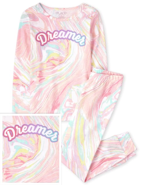 Girls Long Sleeve 'Dreamer' Marble Print Snug Fit Cotton Pajamas