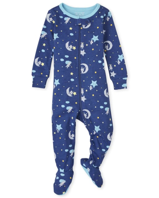 Baby And Toddler Girls Long Sleeve Moon And Stars Print Snug Fit Cotton One Piece Pajamas