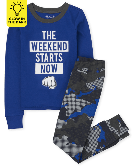 Boys Long Sleeve Glow In The Dark 'The Weekend Stars Now' Snug Fit Cotton Pajamas