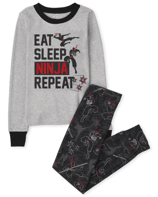 Boys Long Sleeve 'Eat Sleep Ninja Repeat' Snug Fit Cotton Pajamas