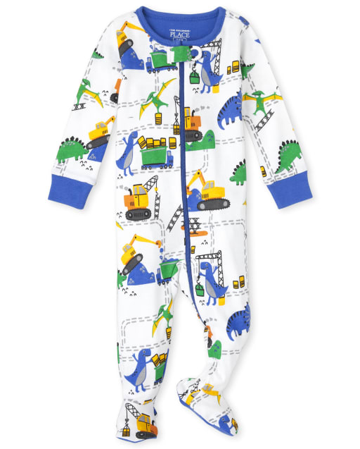Baby And Toddler Boys Long Sleeve Construction Dino Print Snug Fit Cotton One Piece Pajamas