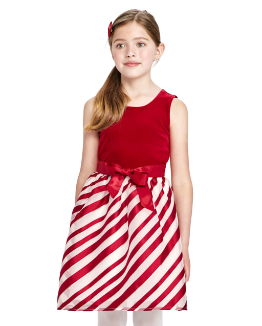 Girls Velour Striped Knit To Woven Dress