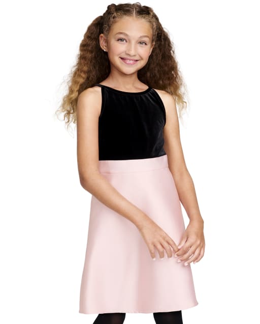 Girls Velour High Neck Knit To Woven Dress