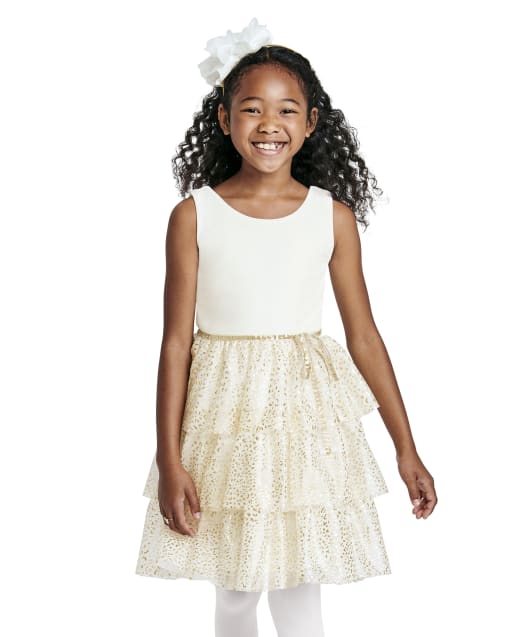 Girls Foil Leopard Velour Knit To Woven Dress