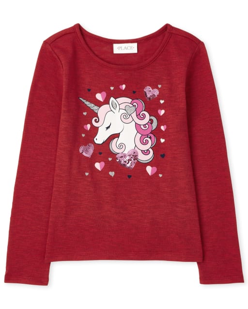 Girls Long Sleeve Valentine's Day Sequin Unicorn Lightweight Sweater Top