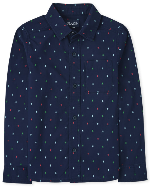 Boys Tree Poplin Button Up Shirt