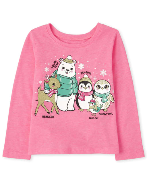 Camiseta estampada de animales de invierno de manga larga para niñas pequeñas