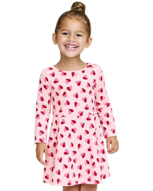 Baby And Toddler Girls Long Sleeve Valentine's Day Heart Print Knit Skater Dress