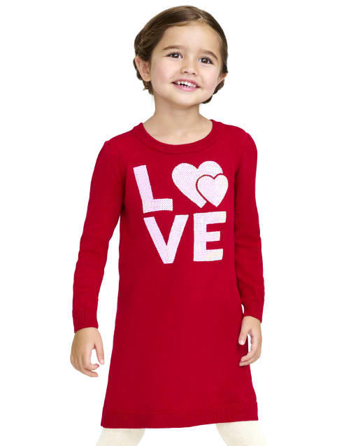 Baby And Toddler Girls Long Sleeve Valentine's Day Flip Sequin Love Knit Sweater Dress