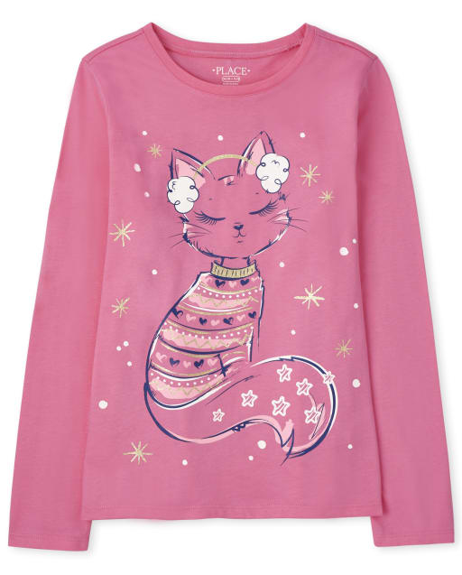 T-shirt graphique hiver chat pour filles