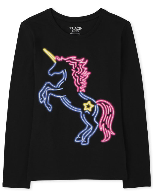 Girls Long Sleeve Neon Unicorn Graphic Tee