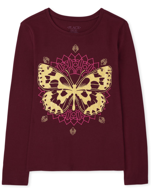 Girls Long Sleeve Butterfly Graphic Tee