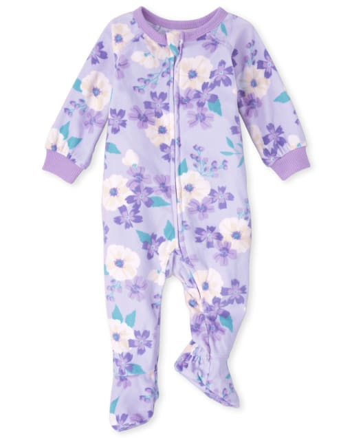 Baby And Toddler Girls Long Sleeve Floral Print Footed One Piece Pajamas