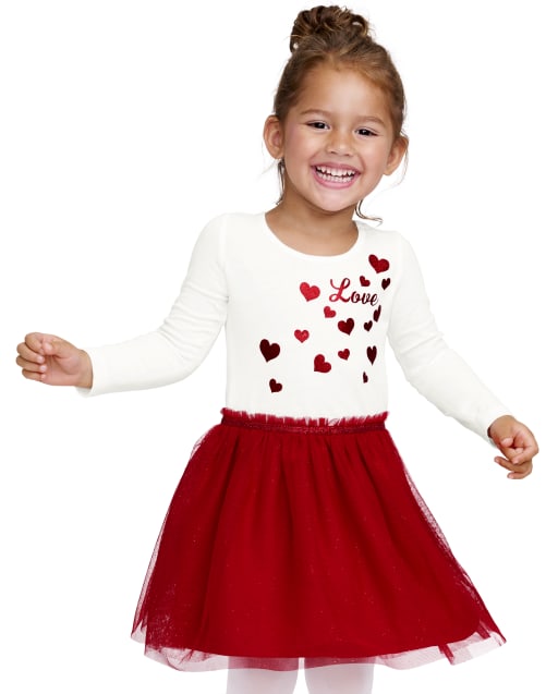 Baby And Toddler Girls Long Sleeve Valentine's Day Heart Knit To Woven Tutu Dress