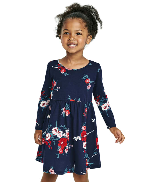 Baby And Toddler Girls Long Sleeve Floral Print Knit Babydoll Dress