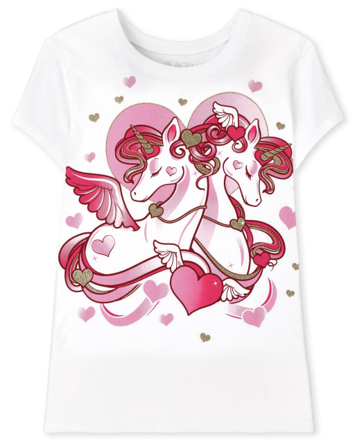 Girls Short Sleeve Valentine's Day Unicorn Graphic Tee