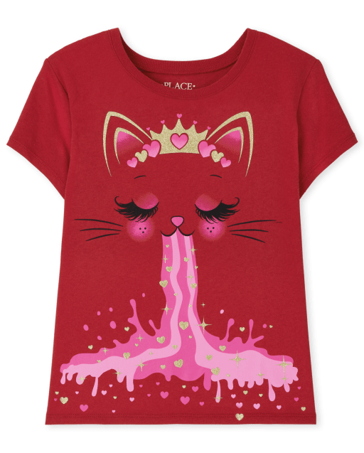 Girl's Short Sleeve Valentine's Day Cat Graphic Tee